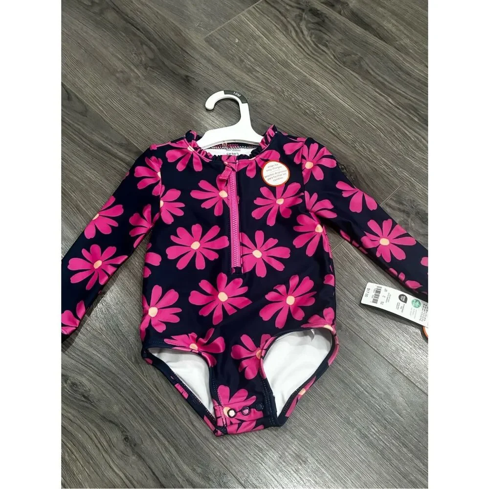 Carter's Navy One-Piece Rash Guard Swimsuit with Hot Pink Daisy Print